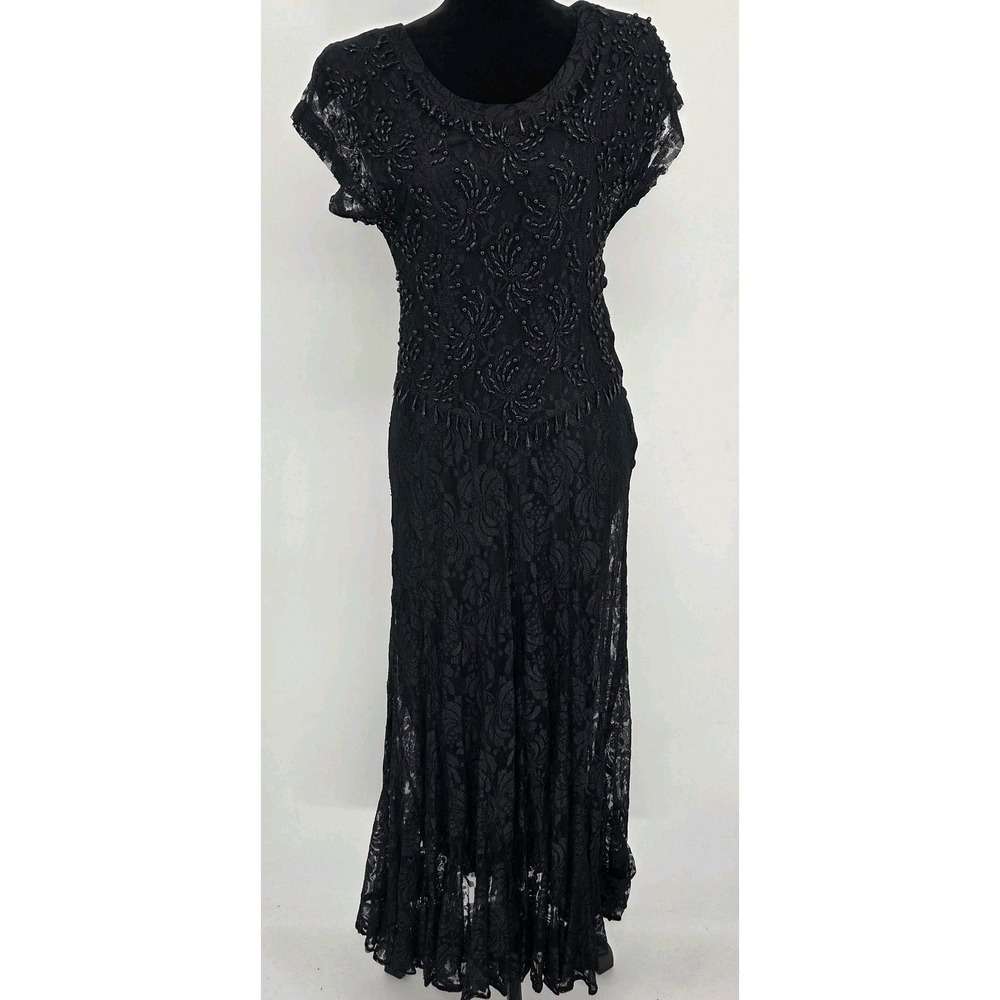 70s Jasmine By KVM Beaded Lace Gown Medium Black Drop Waist